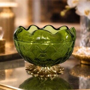 Hollywood Regency Indiana Glass Quilted Duette Rose Footed Candy/ Nut Bowl Vtg